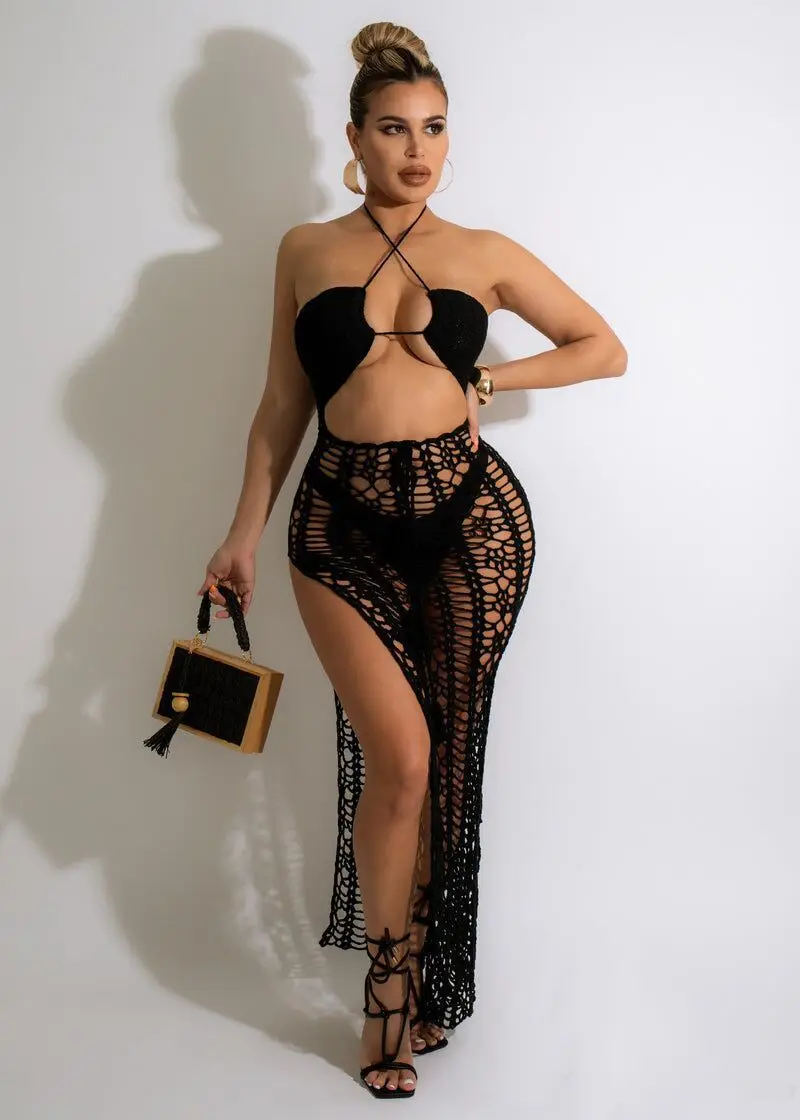 Summer Sexy Fashion Beach Dress Woman Solid Color Knitted Ties Wrap Chest Long Tassel Cutout Beach Party Dress