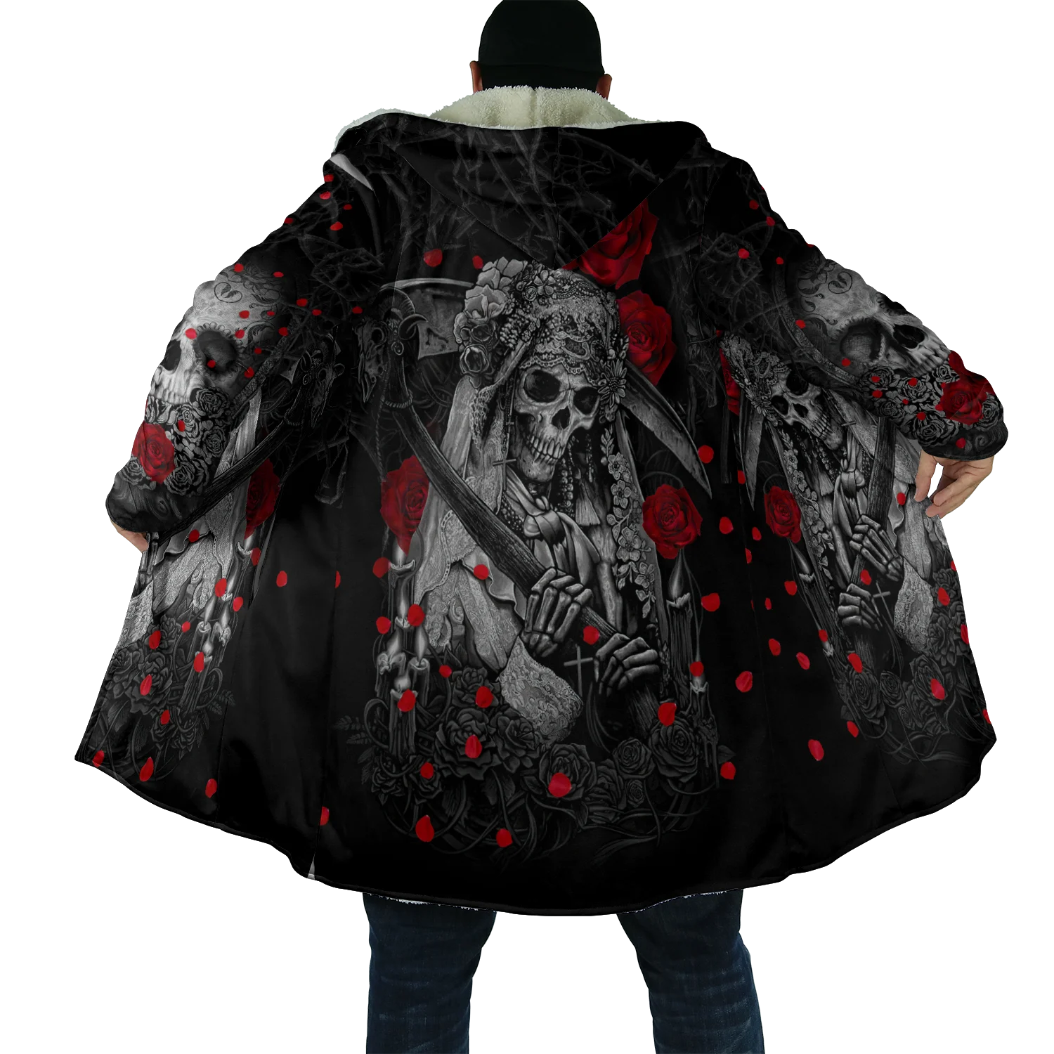 PLstar Cosmos Herren-Umhang, Totenkopf, Teufel, Tattoo, 3D-Allover-bedruckter Fleece-Kapuzenumhang, Unisex, lässig, dick, warm, Umhang, Mantel PF71 – Detail 29