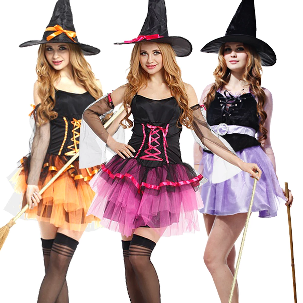 

Halloween Witch Vampire Clothing with Hat Costumes for Women Adult Scary Carnival Party Dress Up Performance Drama Bring A Broom