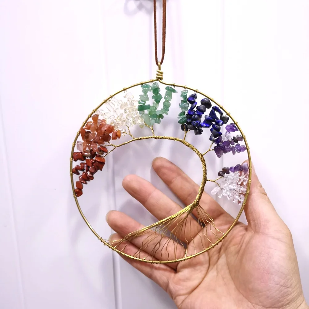 handmade Copper wire wrap Natural gravel life tree Fortune Tree chakra pendant Reiki rock crystal door window decoration hanging
