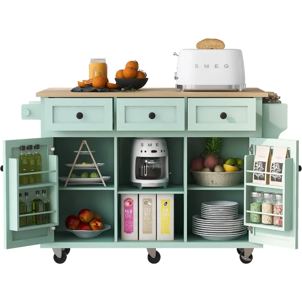 Rolling Kitchen Island with Drop-Leaf Countertop, 5 Wheels, Storage Cabinet & 3 Drawers, Rubber Wood, Mint Green, Mobile Cart 5