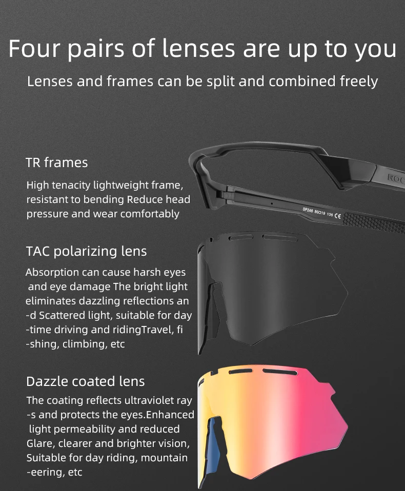 ROCKBROS 4-Linsen-Fahrradbrille Polarisiert für Männer und Frauen, Fahrradbrille MTB Rennrad-Brillen mit Myopie-Rahmen Sonnenbrille – Detail 5