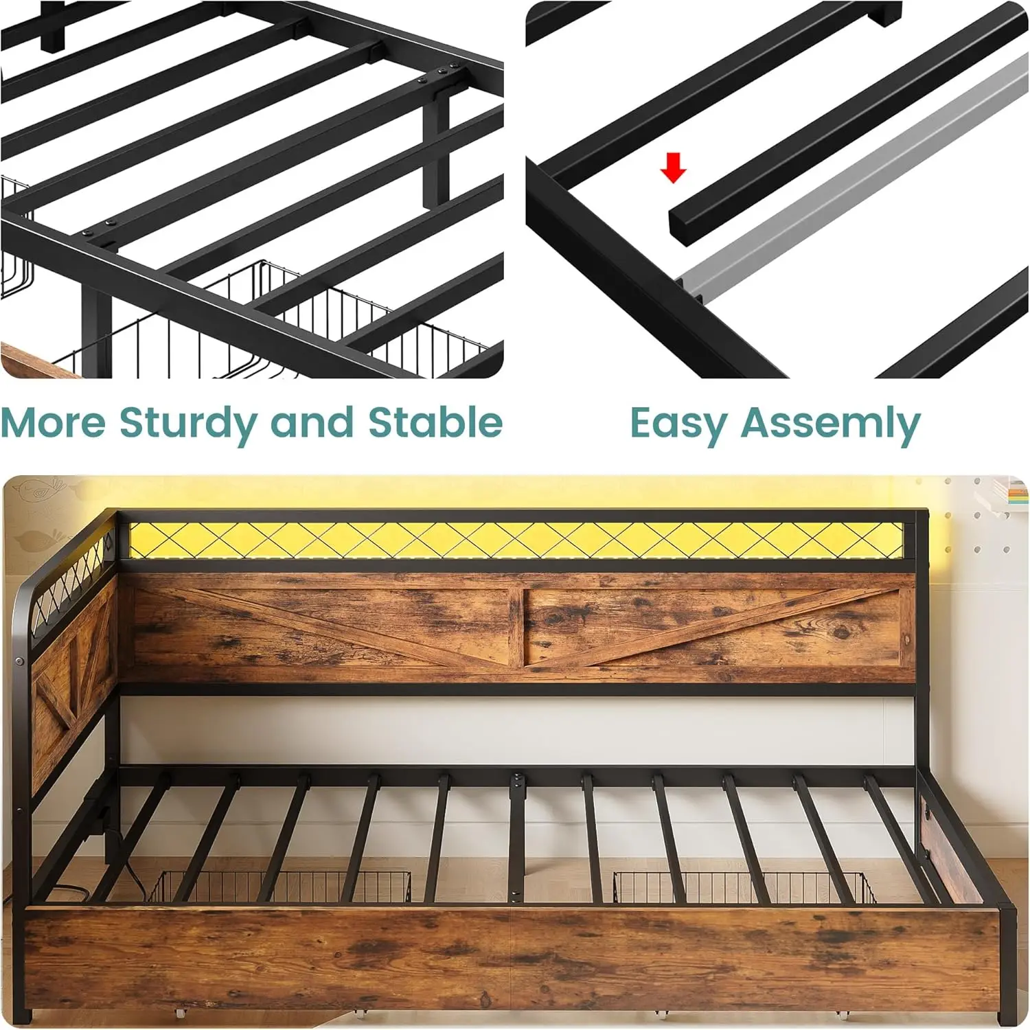 Twin Daybed with Storage Drawers, Corner Bed Frame with LED Lights and Charging Station