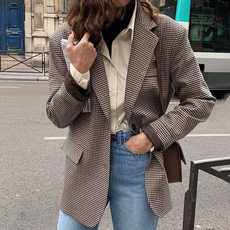 

Clothland Women Elegant Plaid Blazer Long Sleeve Single Breasted Houndstooth Checkered Office Wear Jacket Coat CB010