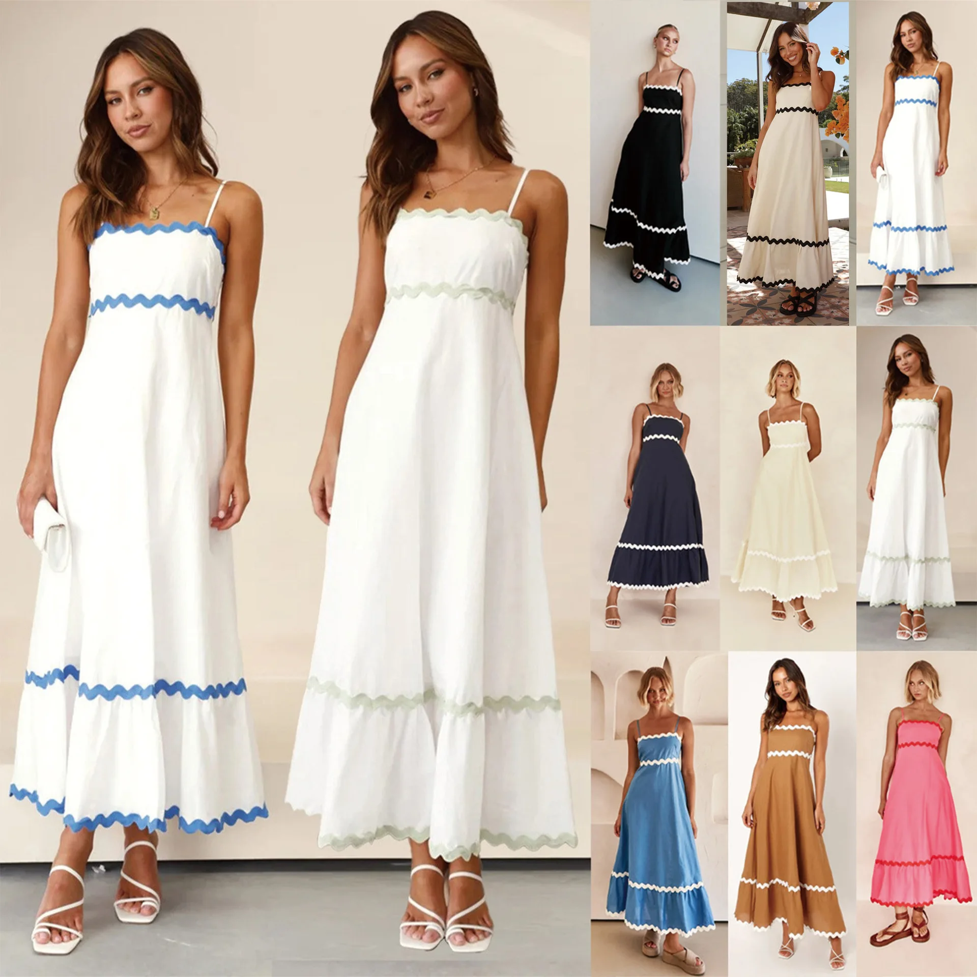 

Women Elegant Strap Sleeveless Dress Spring Summer Lady Casual Sweet Party A Line Dresses