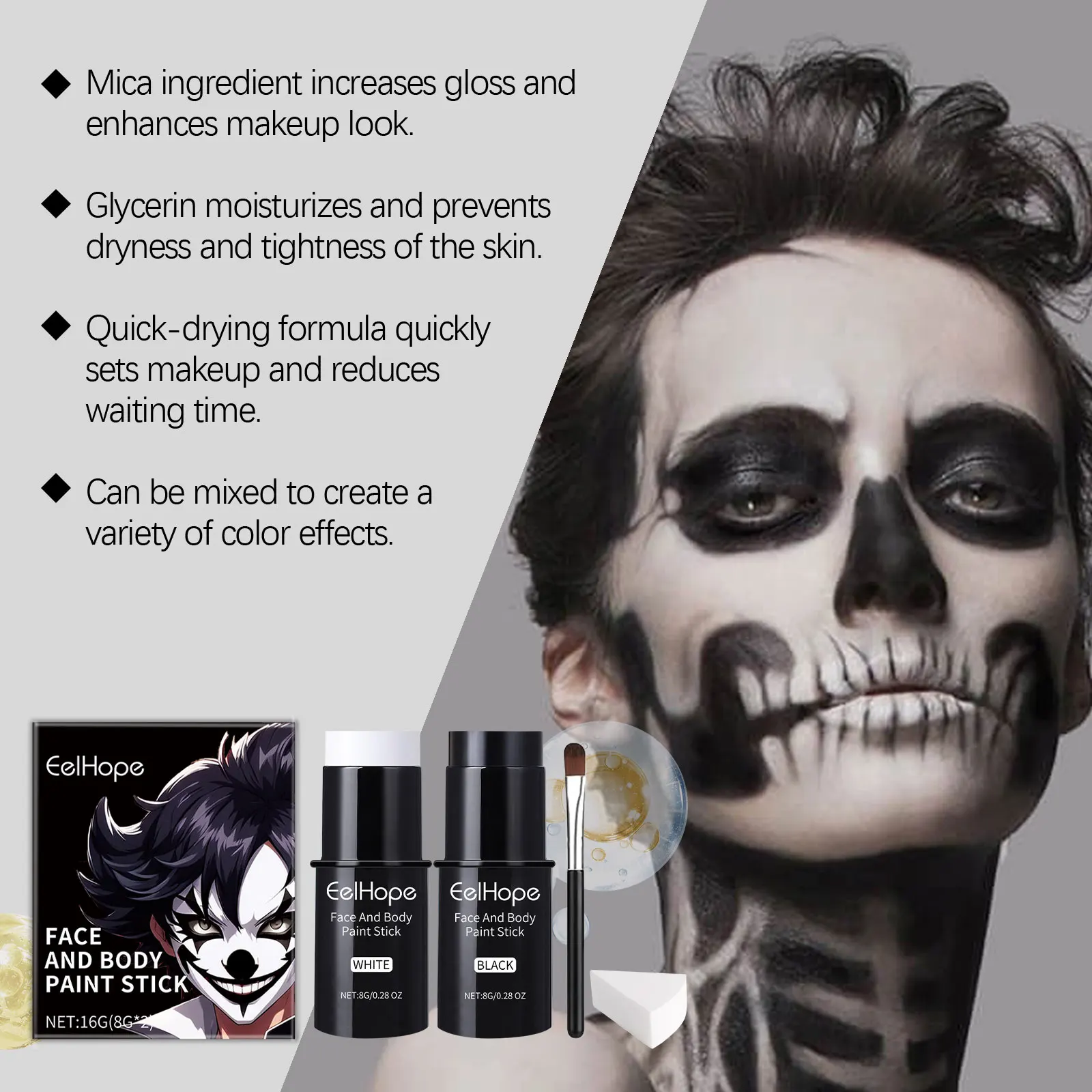 Halloween Black White Face Painting Kit Lasting Waterproof Color Smooth Draw Quick Dry DIY Body Art Painting Pigment Makeup Set 6