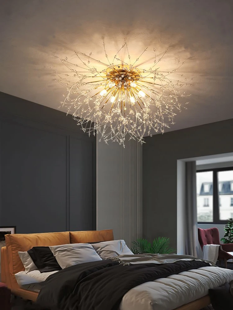 A modernized bedroom adorned with a Fairy Crystal Ceiling Light, enchanting the ambiance.