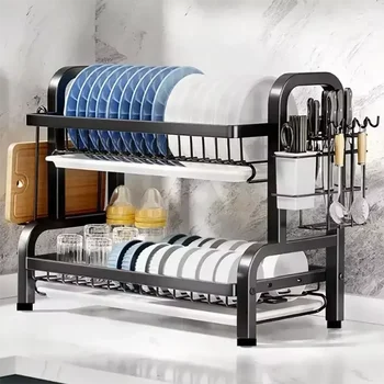 2025 New 2-Tier Stainless Steel Kitchen Countertop Dish Drainer with Utensil Holder Compact Rustproof Storage Organizer