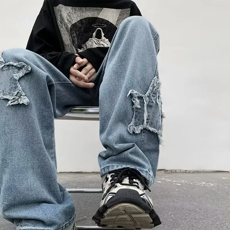 2023 New Fashion Star Embroidery Brown Men's Jeans Y2K Vintage Hip Hop Pants Straight Trousers Floor Slam Pants Calça Masculina