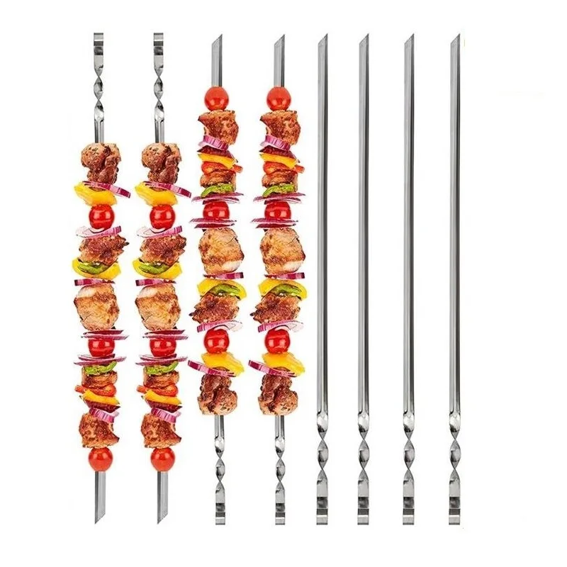 6pcs BBQ Barbecue Skewer Roasting Forks 17.7''/45cm Stainless Steel Flat Meat Skewers Outdoor BBQ Tool