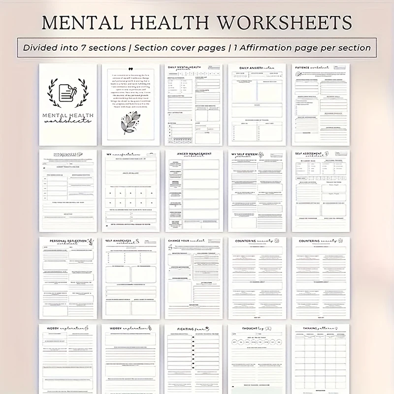 【W】정신 건강 일기장 불안 및 지도형 일기장 자기 관리 일기장 긍정적 사고 연습을 위한 일기장 기분 추적 기능이 있는 ADHD 플래너