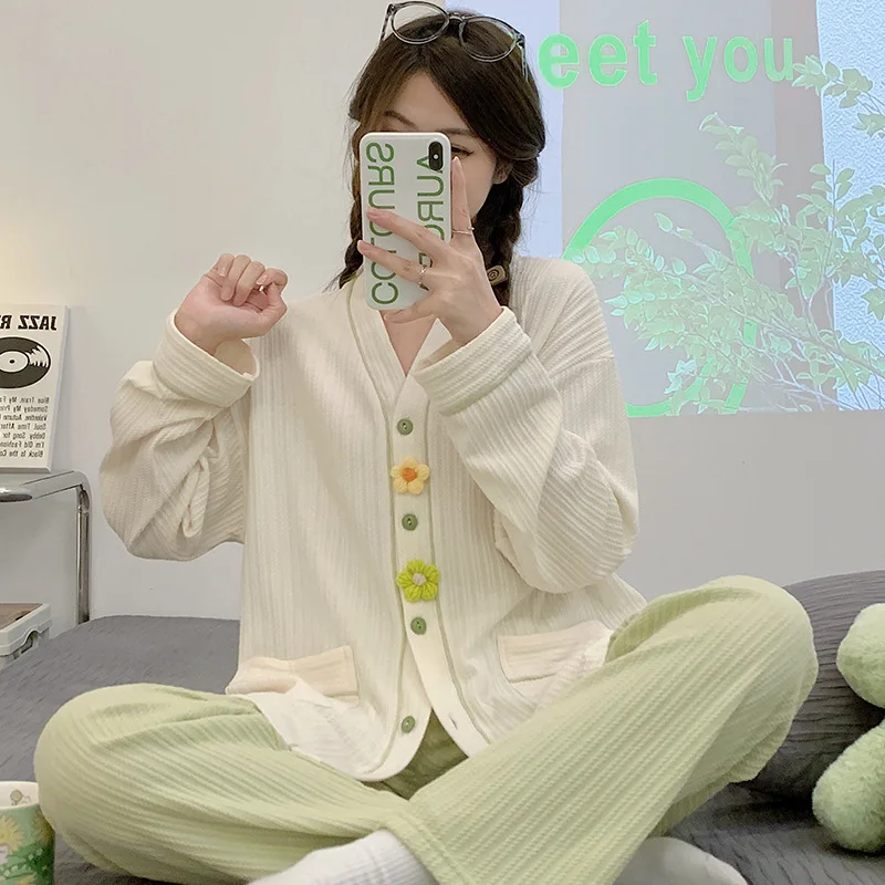 Women 2 Pieces Pajamas Sets 100% Cotton Pijama Solid Female Pyjama Sleepwear Long Sleeve Shirt Pants Suit Homewear Loungewear