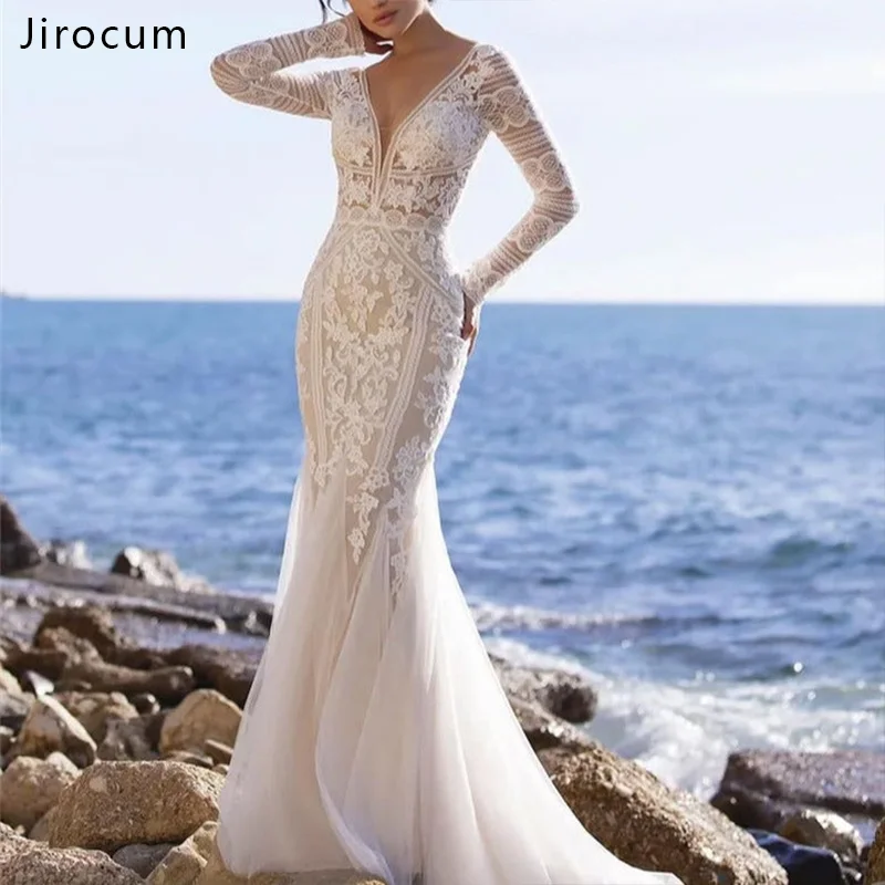 

Jirocum 2024 New V-neck Long sleeved Modern Wedding Dress Lace Sticker Flower Dew Back Tulle Perspective Fit Fishtail Court Brid