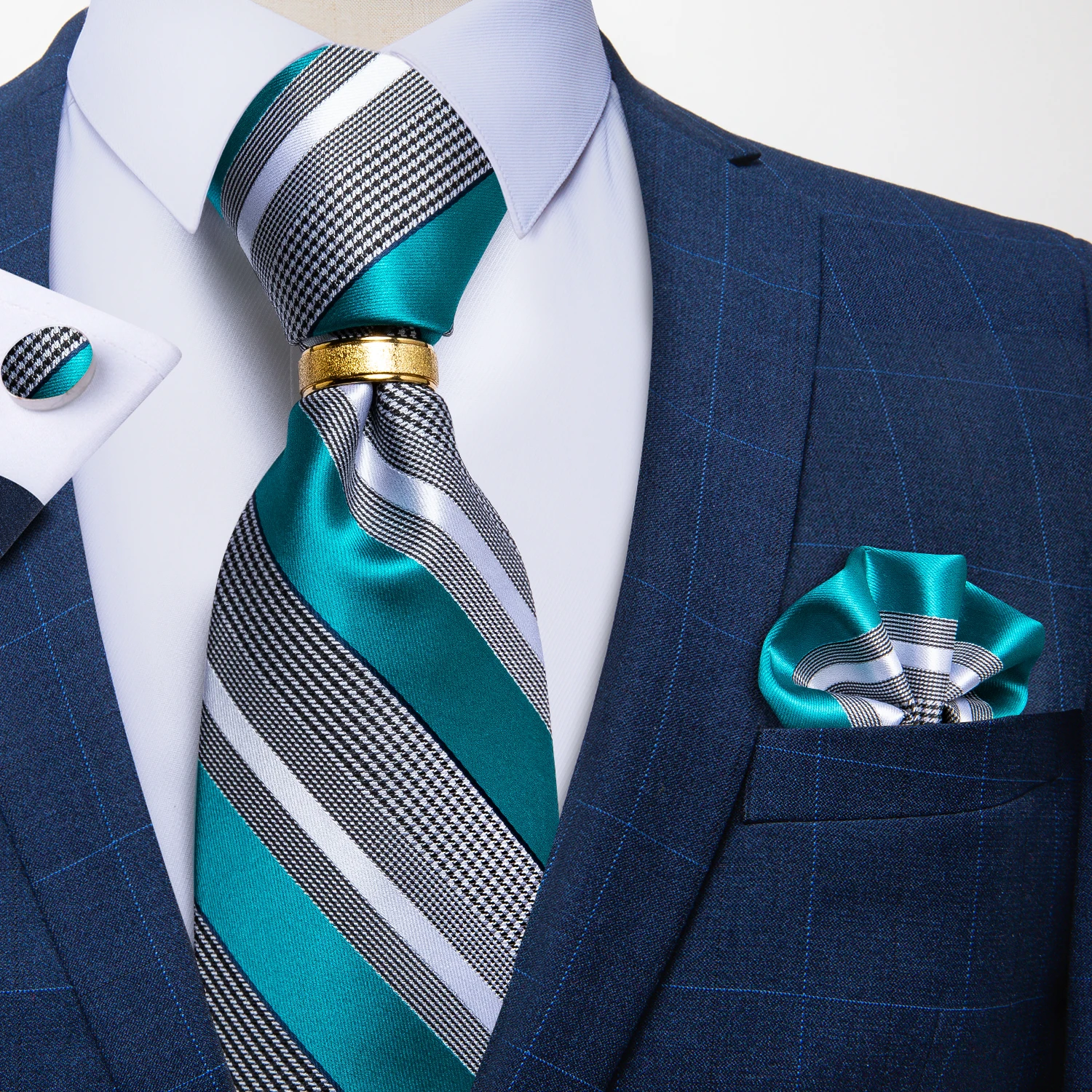 Designer Herren Krawatte Gestreift Blumenmuster Paisley-Krawatte Einstecktuch Manschettenknöpfe Krawattenring Set Anzug Hochzeit Business