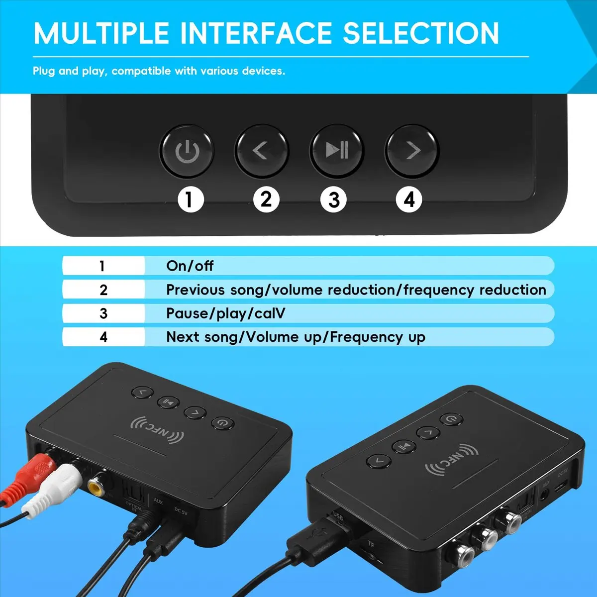 (A75T) 블루투스 5.0 수신기 송신기 FM 스테레오 AUX 3.5mm 잭 RCA 무선 NFC 블루투스 오디오 어댑터 TV PC 헤드폰용