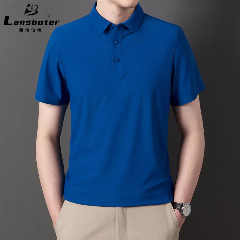 

Summer Blue Nylon Stretch Ice Silk Men's Short-sleeved T-shirt Suitable For Business And Leisure Youth Solid Color Half-sleeved