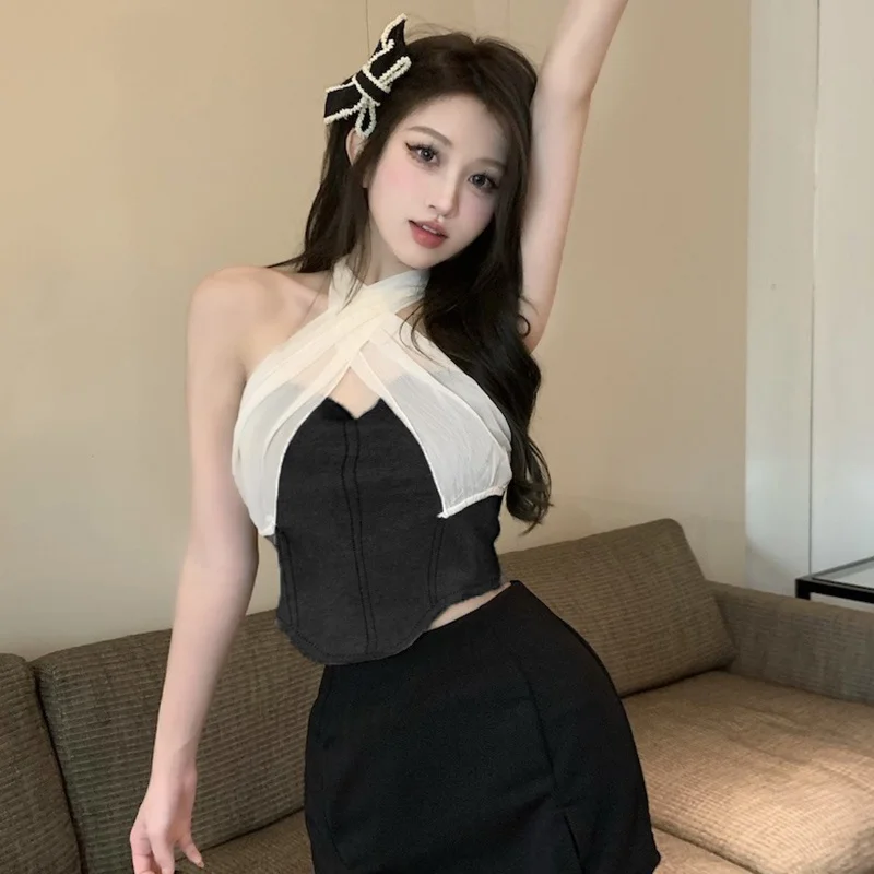 Top Da Donna Halterneck Vest Off Spalla Sexy Crossover Design Coreano Crop Top Elegante Spicey Girls Primavera Estate