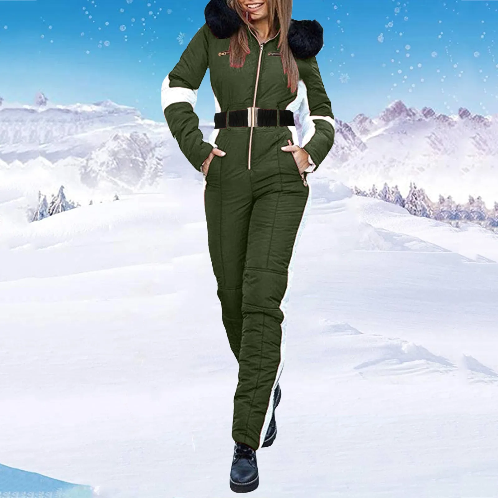 thumbnail image 1 of Traje de esquí de invierno para mujer, mono de nieve cálido e impermeable, mono de esquí para deportes al aire libre, ropa de snowboard de una pieza con cuello de piel, 1 of 5