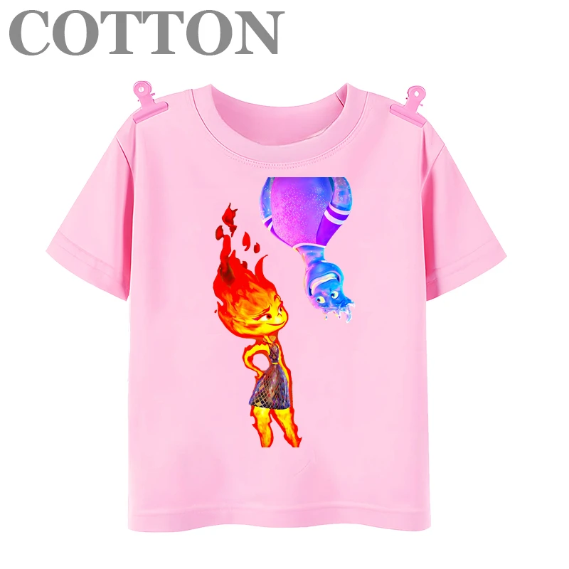 thumbnail image 1 of Camiseta de algodón de manga corta con estampado de dibujos animados para niños y bebés de Disney Elemental Wade Ripple y Embe Anime de moda de verano, 1 of 4