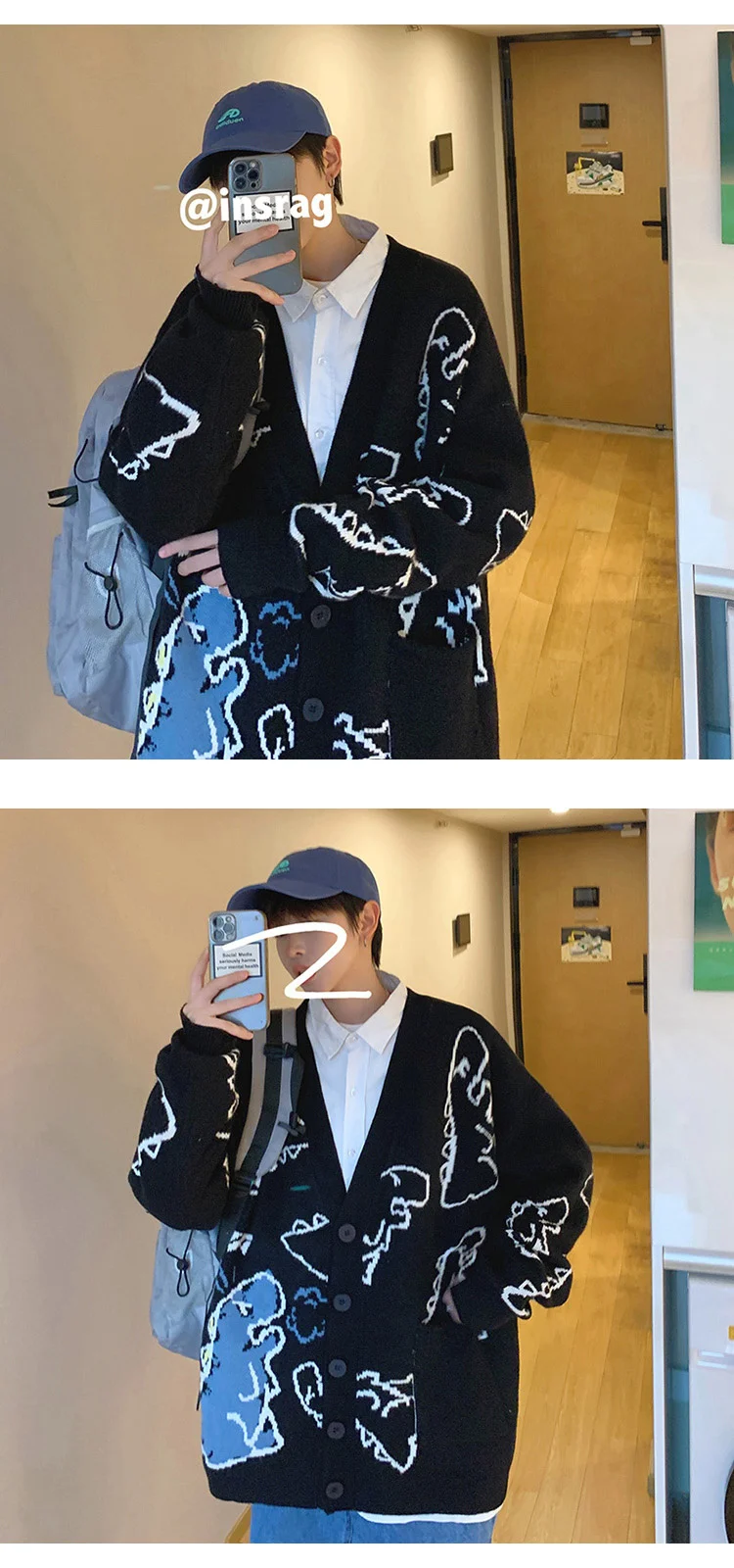 Autumn Oversize Cardigan Men Knitted Dinosaur Sweater Streetwear Loose Male Women Coat 2024 Doodle Hop Pattern Winter