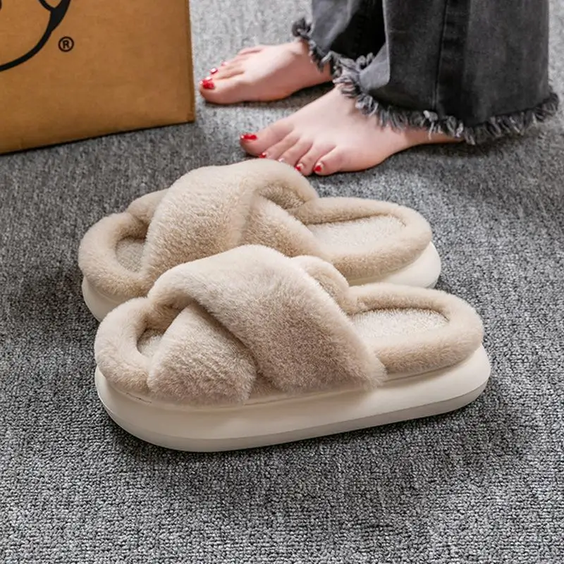 Fluffy Slippers Women House Flats Fashion Designer Winter Shoes Ladies Indoor Casual Plush Platform Footwear Elegant Large Size
