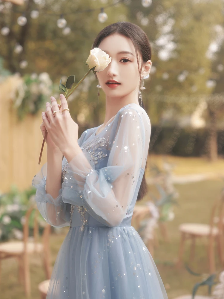 130CM Greydish Blue Long Sweat Lady Girl Women Princess Bridesmaid Banquet Party Dress Gown