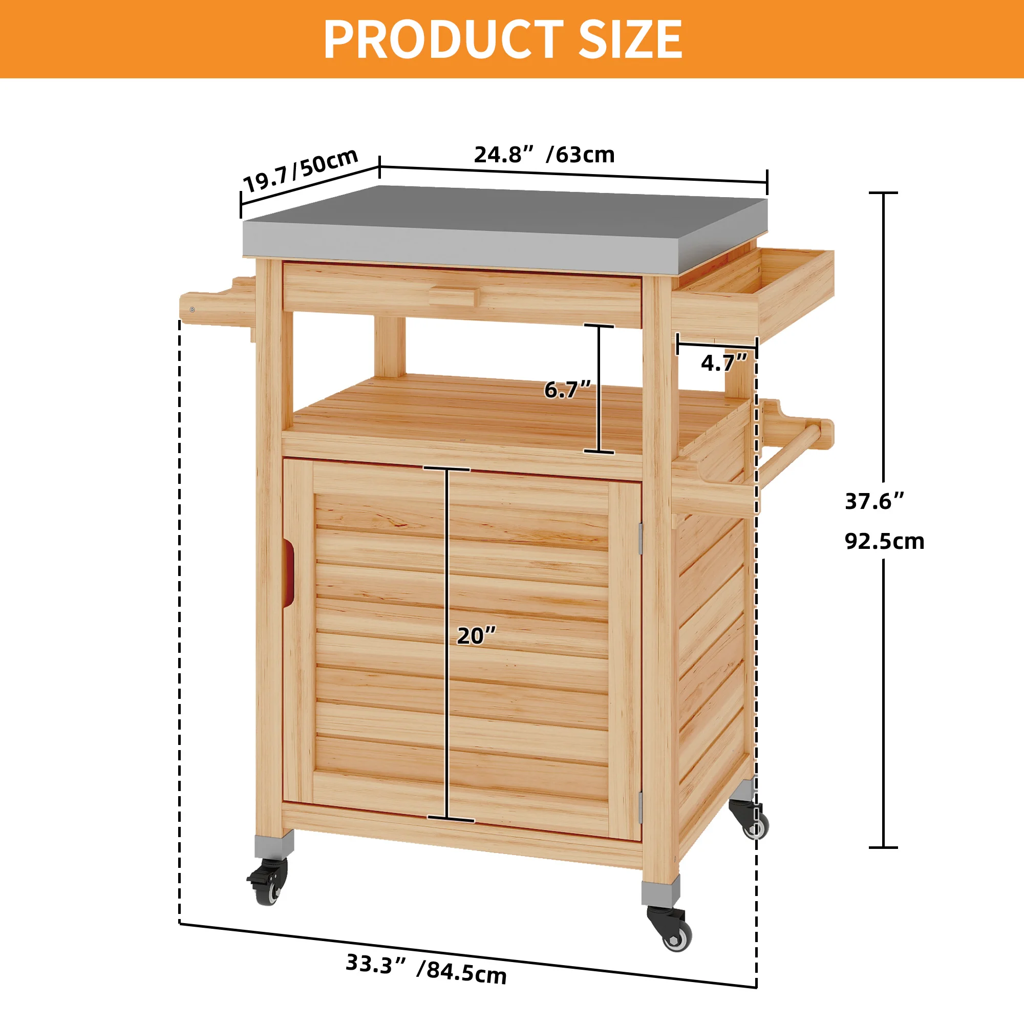 Movable Solid Wood Grill Cart Outdoor Storage Patio Table W/ Stainless Steel Top