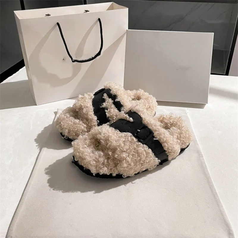 2023 Winter New Wool Slippers Fashion Soft Warm Comfortable Flat Slippers Brand Designer Casual Home Flat Slippers