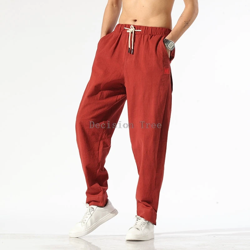 new men chinese style wushu pants men fashion loose casual pants cotton casual martial arts elastic waist long