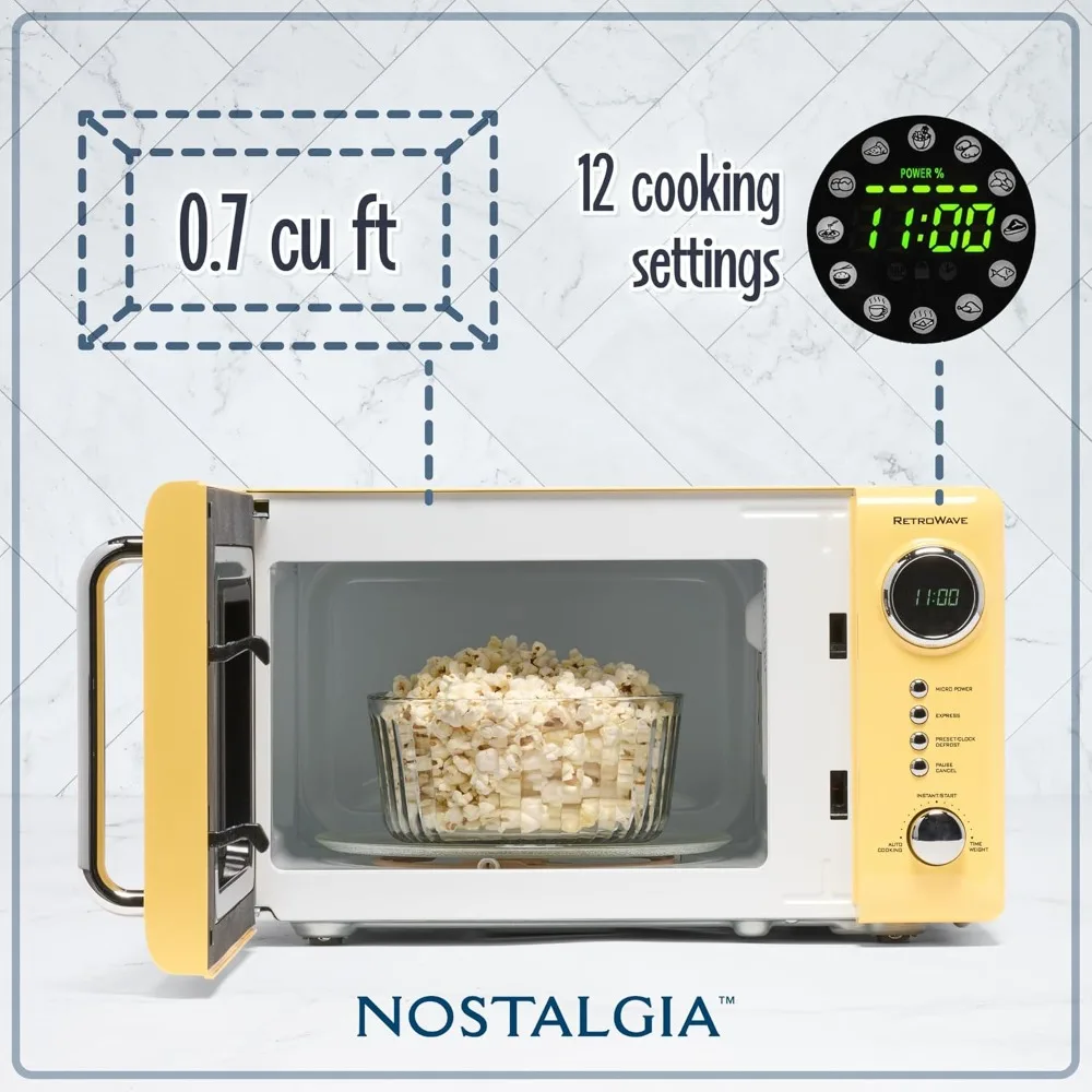 Retro Compact Countertop Microwave Oven, 0.7 Cu. Ft. 700-Watts with LED Digital Display, Child Lock, Easy Clean Interior, Yellow 2