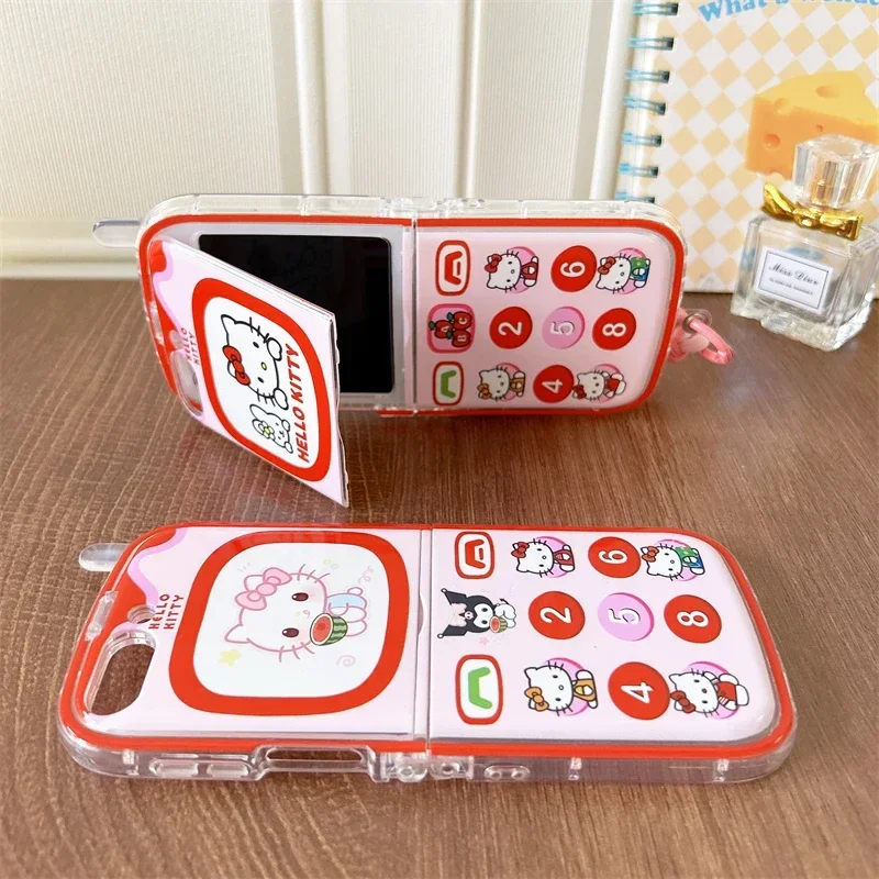 랜야드 브래킷이 달린 귀여운 헬로 키티 전화 케이스, 삼성 갤럭시 Z 플립 3 4 5 5G PC 하드 백 커버, Y2k 소녀
