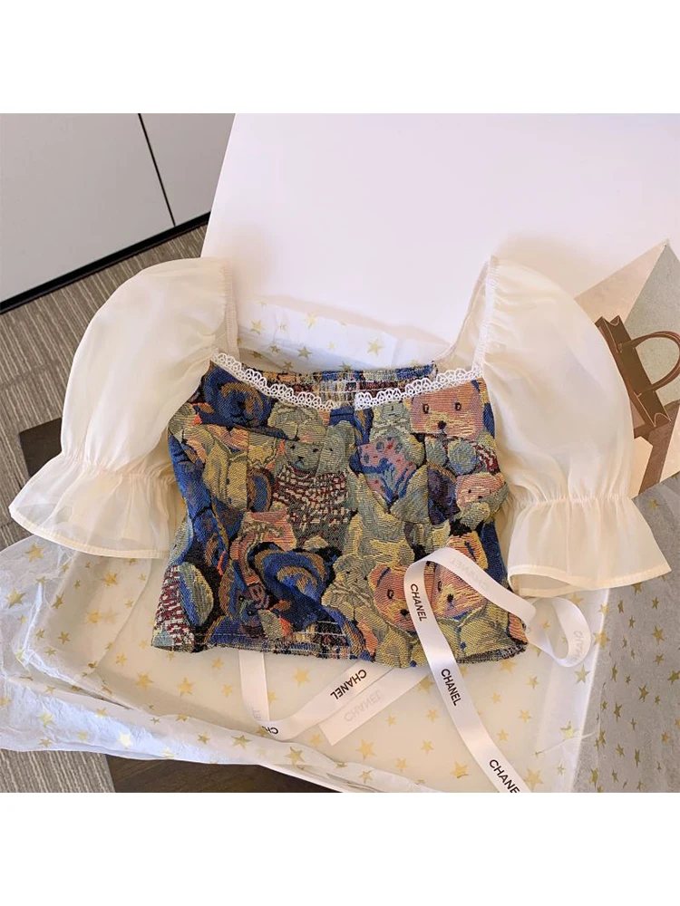 

Женские рубашки с графическим принтом, блузки в Корейском стиле в стиле Харадзюку 90-х годов, винтажная Милая рубашка с квадратным вырезом и длинным рукавом, одежда