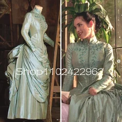 Mint Green Mina Dracula Victorian Prom Dresses Embroidery High Neck Long Sleeve Puffy Ruched Goth Halloween Evening Gown