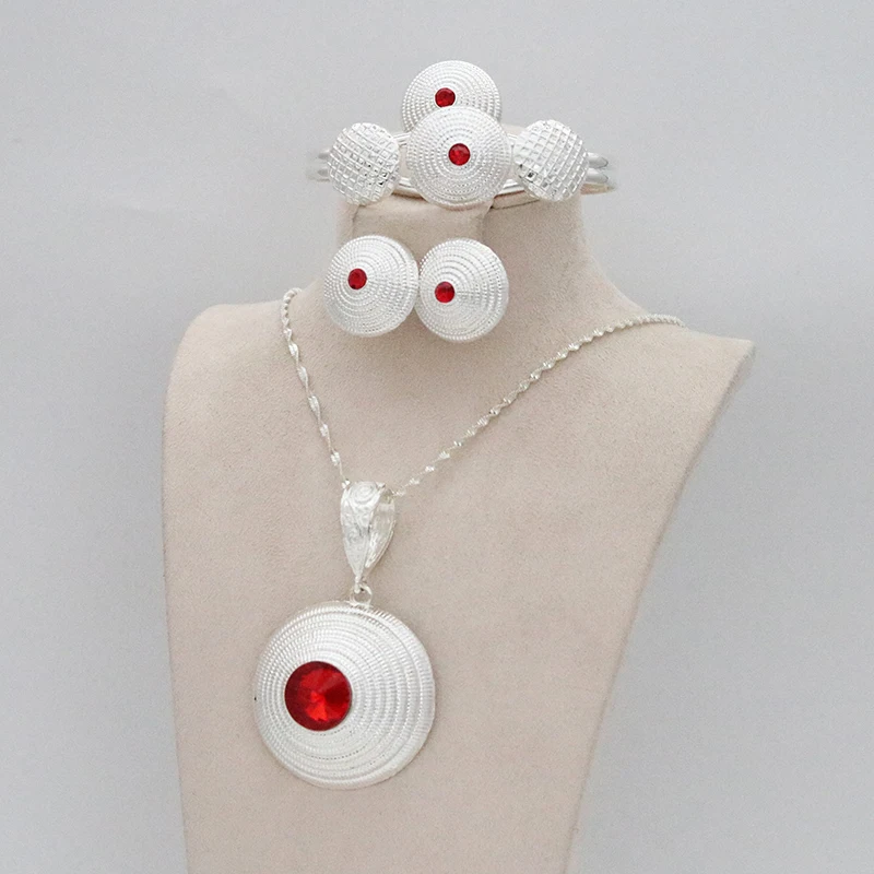

Luxury Jewelry Set Red Gem Dubai Silver 4 Piece Women Ethiopian Hairpin Head Chain Bride African Wedding Gift