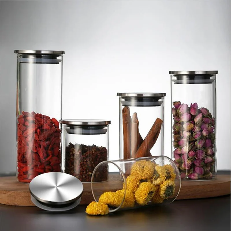 250-650ML Glass Canister Stainless Steel Cover Glass Spice Jars Storage Tank Coffee Bean Food Containers Kitchen Accessories 2