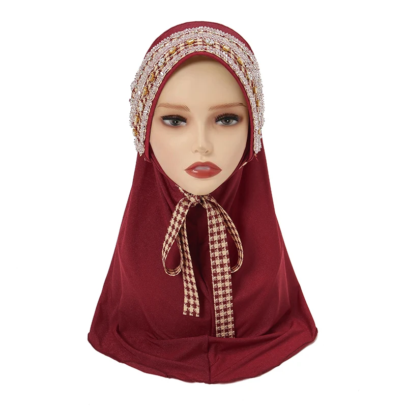 thumbnail image 1 of Hijab musulmán con lazo frontal, hecho a mano, con diamantes de imitación, para la cabeza, de cáñamo, deportivo, sin alfileres, fácil de llevar, 1 of 5