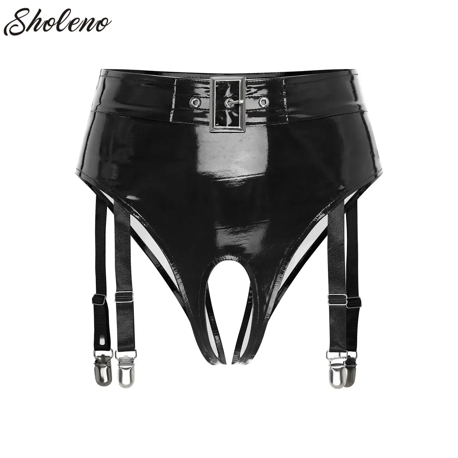 

Women Patent Leather Thong Briefs Underwear with Garter Clips Porno High Waist Open Crotch Panties Lingerie Underpants Clubwear