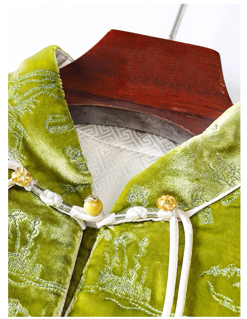 Winter Green High end Silk+Velvet Cotton Clothes Women's Retro Chinese Style Silver Thread Embroidered New Cotton Jackets S-XL