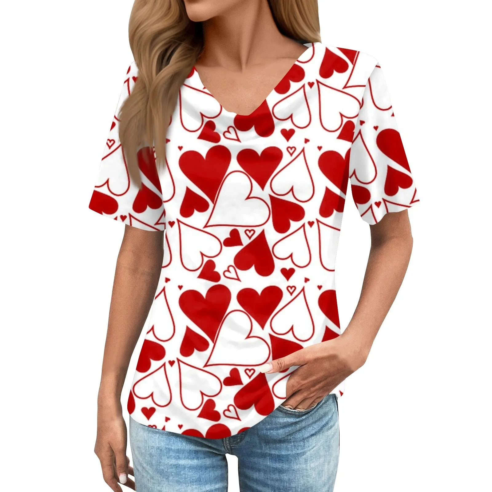 

Женская футболка с V-образным вырезом и принтом сердечек, повседневный топ с коротким рукавом для весны и лета, женская одежда, женские топы, футболки, новинка 2024