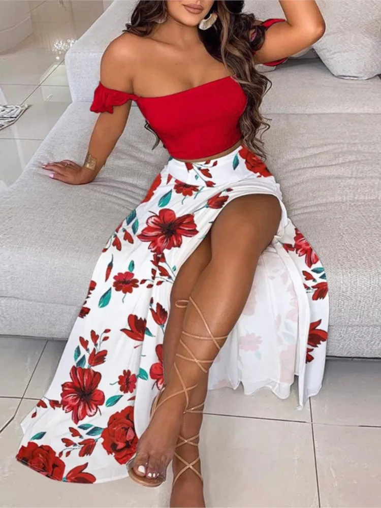 

Color Print Skirt Two Piece Set Women One Line Neck Cropped Tube Top Slit Skirts Sets Casual Bohemian Beach Vacation Style Suit