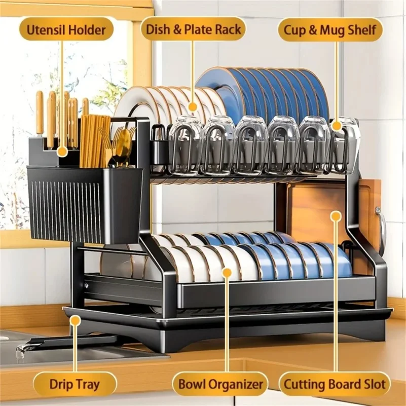 Dish Drying Rack Double Layer Kitchen Organizer with Chopstick Holder & Cup Storage Sink Counter Shelf for Plates Bowls Utensils 5