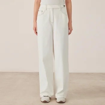 KX7523422 High-Waisted Wide-Leg Pants Luxury Cotton Blend Solid Color Women's Comfortable Fit Casual Trousers