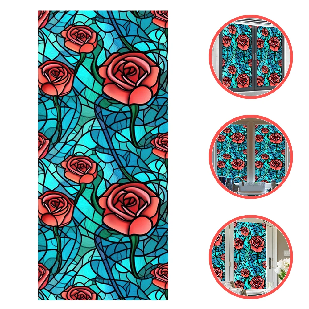 

Stained Glass Window Clings Red Rose Flower Window Privacy Film Rainbow Decorative Door Window Covering Stickers Removable Sun