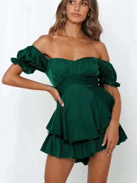 OneLineFox Black Sexy Summer Women Playsuit Ruffles V Neck Jumpsuit Off Shoulder Backless Romper Strapless Female Clothing Dark Green