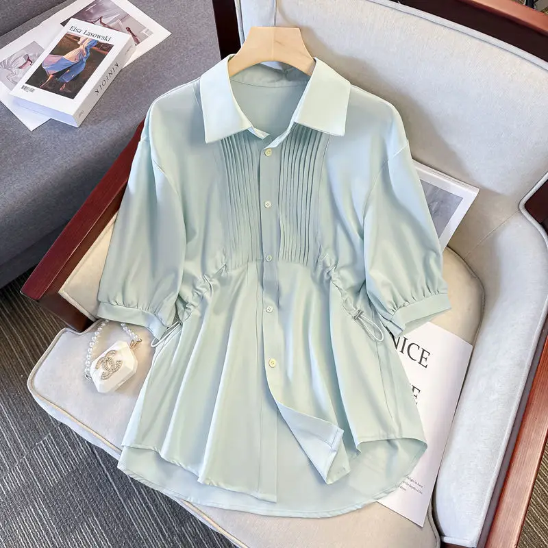 

Large Size French Style Waist Reduction Short Sleeved Shirt for Women's Summer New Age Reduction Appears Thin Belly Covering Top