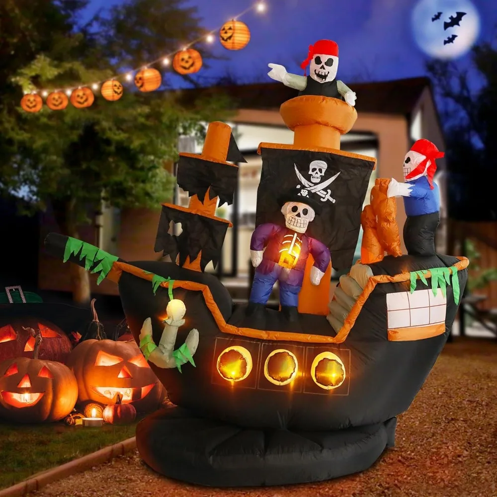 VCUTEKA 7FT Halloween Inflatable Skeletons Ghosts on Pirate Ship