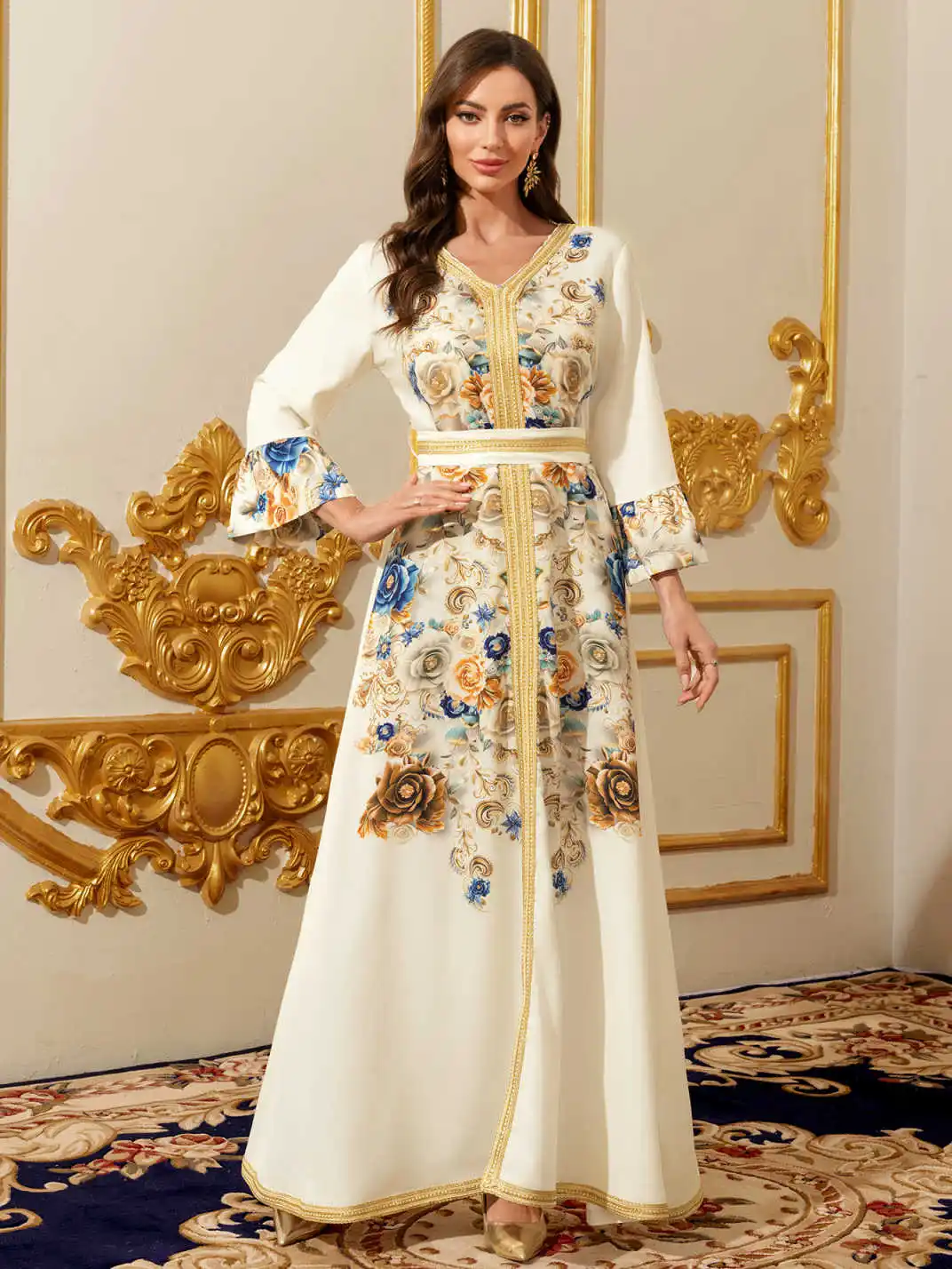 Middle Eastern Modest Maxi Dress-Muslim Moroccan Kaftan Abaya for Women Gold Embroidered Eid Dress Islamic Traditional Wear