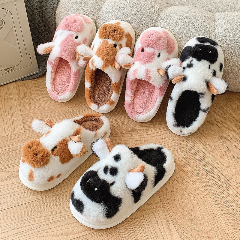 Women Slippers Platform Slippers Warm Slippers Fluffy Slippers Women Home Cow Cartoon Designer Winter Shoes Girls Indoor Cotton Casual Plush Platform Footwear Large Size Warm