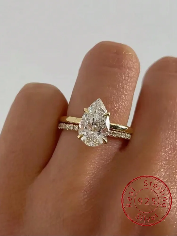 Ring aus 925er-Sterlingsilber, 1–4 CT Zirkon, funkelnder Luxus-Wassertropfenform-Ring für Frauen, Verlobung, Hochzeit, hochwertiger edler Schmuck
