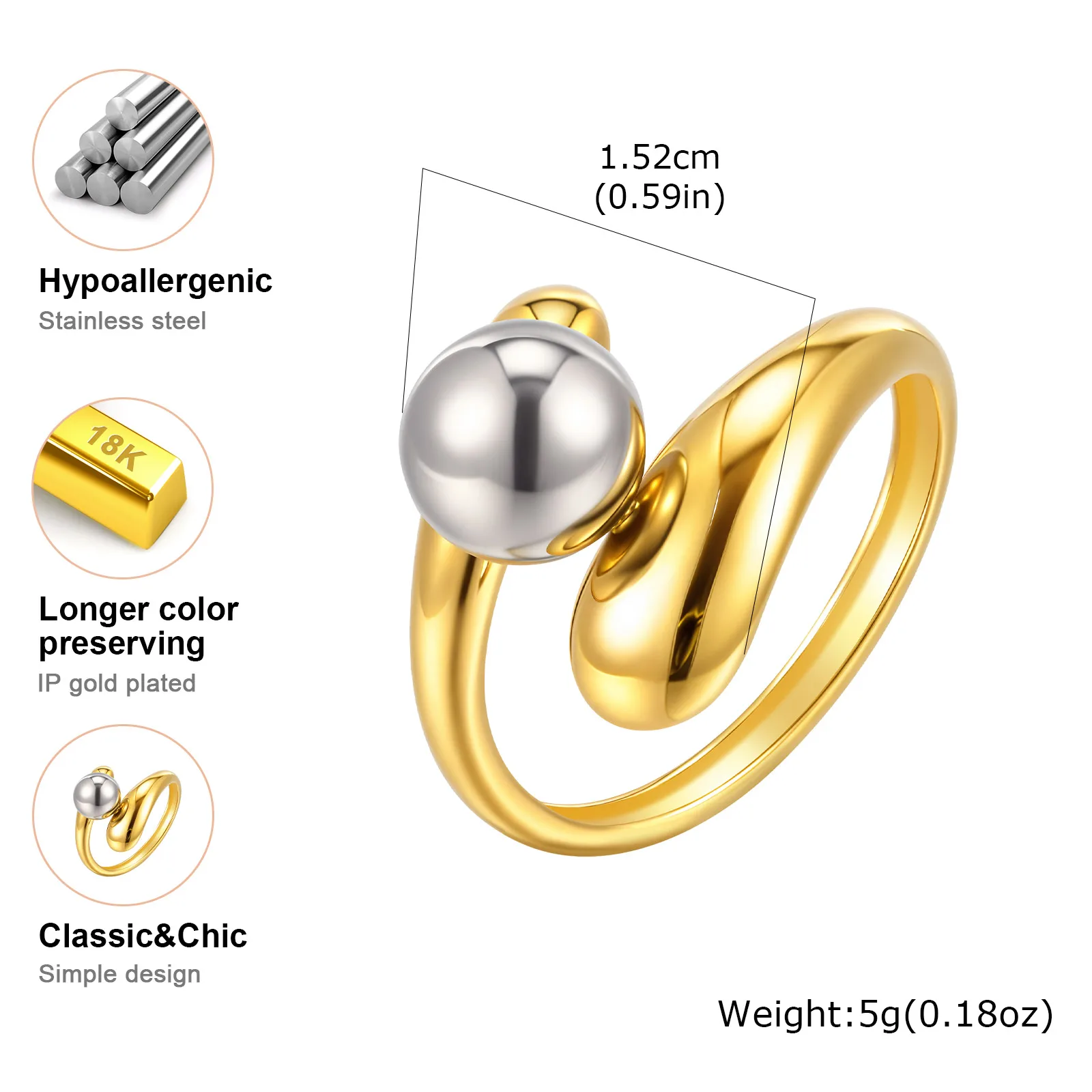 Modischer geometrischer offener Ring aus Edelstahl mit Metallkugel, vergoldete Ringe mit unregelmäßiger Linie, wasserdichter Statement-Schmuck für Frauen – Detail 8